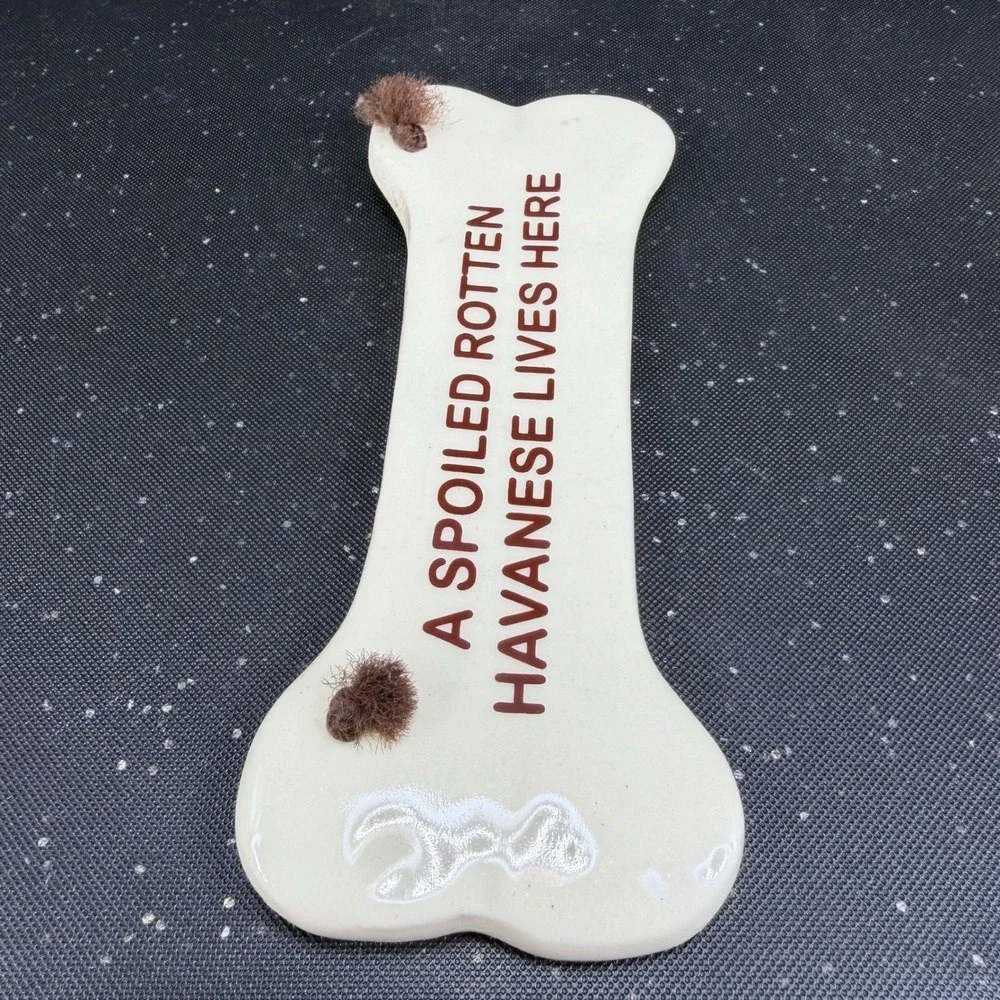 Smoky Mountain Pottery Havanese Dog Bone Wall Plaque Sign Vintage 1994 Tennessee